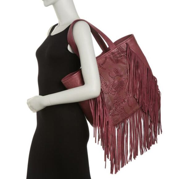 New FRYE Vivian Leather Large Boho Perforated and Whipstitched Fringe Tote Bag - Picture 1 of 11